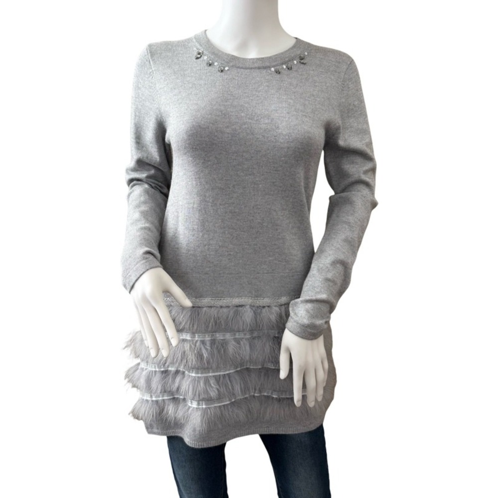 MAYORAL Gray Embellished Knit Tunic Sweater Feather Trim Girls Size 12/14 Formal
